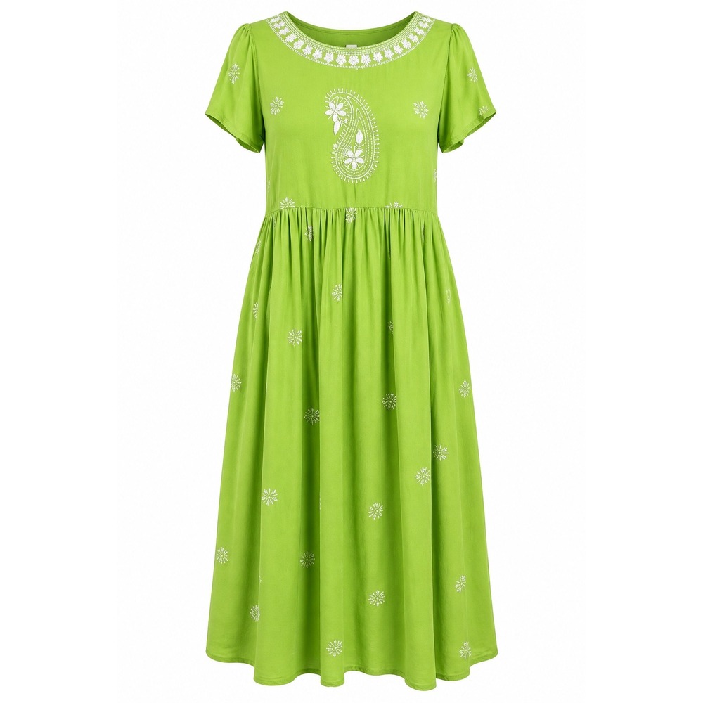 SIYAHI XL Lime Green Embroidered Boho Rayon Maxi Dress Cottagecore